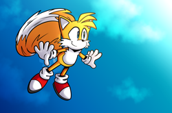 Size: 3840x2532 | Tagged: safe, artist:zenunique, miles "tails" prower, fox, 2022, abstract background, arms out, clouds, flying, looking ahead, male, smile, solo, spinning tails