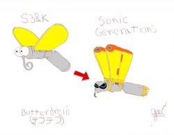 Size: 2050x1596 | Tagged: safe, artist:gilandes52, butterdroid, 2020, black sclera, character name, design comparison, duality, english text, genderless, japanese text, robot, signature, solo, sonic generations, sonic the hedgehog 3