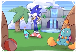 Size: 1280x880 | Tagged: safe, artist:fruitytee, chao, sonic adventure 2, 2017, abstract background, beach ball, chao garden, clouds, daytime, eyes closed, fruit, genderless, grass, leaning back, looking at each other, looking down at them, male, neutral chao, palm tree, shrunken pupils, sitting, sleeping, smile, standing, trio, waterfall