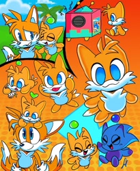 Size: 640x782 | Tagged: safe, artist:pkrockinon, miles "tails" prower, sonic the hedgehog, chao, sonic adventure 2, abstract background, chao garden, character chao, drawing, genderless, heart, male, nuzzle, playing, signature, smile, sonic chao, tails chao, trio, tv