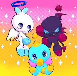 Size: 720x718 | Tagged: artist needed, source needed, safe, chao, abstract background, chaobetes, cute, dark chao, eyelashes, genderless, hero chao, looking at viewer, neutral chao, redraw, smile, sparkles, trio