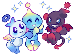 Size: 1131x851 | Tagged: safe, artist:3dfeels, chao, :>, chaobetes, cute, dark chao, eyes closed, genderless, hero chao, hugging, neutral chao, simple background, smile, sparkles, trio, white background