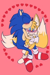 Size: 640x947 | Tagged: dead source, safe, artist:sontailscuddles, miles "tails" prower, sonic the hedgehog, blushing, duo, gay, heart, hugging, kiss on head, pink background, shipping, simple background, sitting, smile, sonic x tails