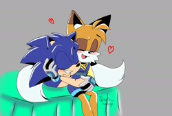 Size: 1748x1181 | Tagged: safe, artist:clearmoonbasement, miles "tails" prower, sonic the hedgehog, aged up, bed, blushing, chest fluff, clothes, couple, cute, duo, eyes closed, gay, grey background, heart, hugging from behind, lying on front, older, shipping, simple background, sitting, smile, sonic x tails