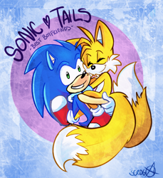 Size: 640x700 | Tagged: safe, artist:zoomswish, miles "tails" prower, sonic the hedgehog, abstract background, carrying them, couple, cute, duo, english text, gay, looking at viewer, shipping, signature, smile, sonic x tails