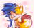 Size: 1280x1067 | Tagged: safe, artist:bunonii, miles "tails" prower, sonic the hedgehog, 2016, abstract background, blushing, duo, english text, eyes closed, gay, heart, holding each other, kiss, shipping, sonic x tails, standing