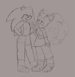 Size: 511x519 | Tagged: artist needed, safe, miles "tails" prower, sonic the hedgehog, blushing, clothes, crop top, duo, gay, gay symbol, holding something, jacket, lidded eyes, looking at each other, microphone, pencilwork, popstar, shipping, shorts, singing, skirt, smile, sonic x tails, standing, top surgery scars, traditional media, w.i.p