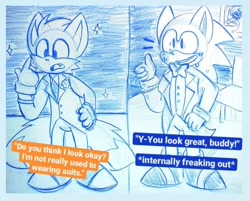 Size: 640x514 | Tagged: safe, artist:pinkfaun, miles "tails" prower, sonic the hedgehog, abstract background, bowtie, crush, dialogue, duo, english text, flower, gay, gay panic, indoors, one fang, shipping, sketch, sonic x tails, sparkles, suit, sweatdrop, traditional media