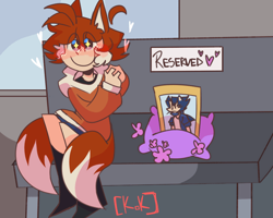 Size: 640x512 | Tagged: safe, artist:kreese_krease, miles "tails" prower, human, abstract background, blushing, english text, eye clipping through hair, gay, hands together, heart, humanized, implied sonic, outdoors, picture frame, pillow, shipping, signature, sitting, smile, solo, sonic x tails, starry eyes