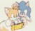 Size: 800x698 | Tagged: safe, artist:c52278, miles "tails" prower, sonic the hedgehog, 2021, animated, blushing, duo, flustered, frizzed, gay, hand on shoulder, heart, holding something, kiss, laughing, lollipop, no sound, question mark, shipping, simple background, sonic x tails, standing, surprised, webm