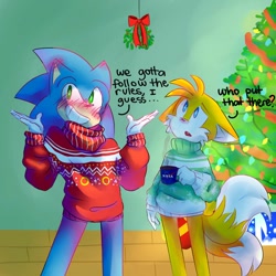 Size: 1024x1024 | Tagged: artist needed, safe, miles "tails" prower, sonic the hedgehog, abstract background, blushing, blushing ears, christmas, christmas decorations, christmas sweater, christmas tree, dialogue, duo, english text, floppy ears, gay, holding something, indoors, looking at viewer, looking up, looking up at something, mistletoe, mouth open, mug, nasa, present, shipping, shrugging, smile, sonic x tails, standing, sweater