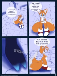 Size: 1250x1667 | Tagged: safe, artist:pepamintopatty, miles "tails" prower, comic:tails nightmare, sonic unleashed, 2020, abstract background, comic, dark gaia minion, dialogue, duo, english text, panels, scene interpretation, sfx, speech bubble, standing