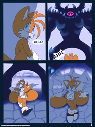 Size: 1250x1667 | Tagged: safe, artist:pepamintopatty, miles "tails" prower, comic:tails nightmare, sonic unleashed, 2020, abstract background, comic, dark gaia minion, dialogue, duo, english text, lying down, mouth open, panels, running, scared, scene interpretation, sfx, speech bubble