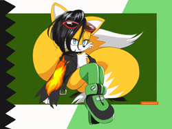 Size: 2732x2048 | Tagged: safe, artist:pepamintopatty, miles (anti-mobius), fox, abstract background, frown, lidded eyes, looking offscreen, male, outfit swap, scourge's jacket and sunglasses, sitting, solo, spiked collar, wavy hair