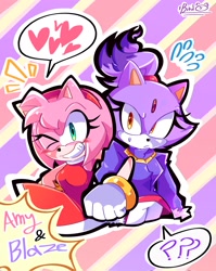 Size: 1630x2048 | Tagged: safe, artist:sonic_bluebird, amy rose, blaze the cat, cat, hedgehog, 2023, amy x blaze, amy's halterneck dress, blaze's tailcoat, cute, female, females only, hearts, lesbian, looking at viewer, question mark, shipping, wink