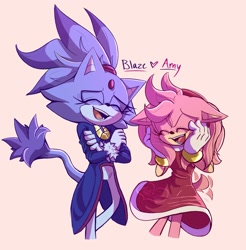 Size: 1811x1842 | Tagged: safe, artist:hfaaith, amy rose, blaze the cat, cat, hedgehog, 2023, amy x blaze, amy's halterneck dress, blaze's tailcoat, crossed arms, cute, eyes closed, female, females only, hand on head, laughing, lesbian, mouth open, shipping