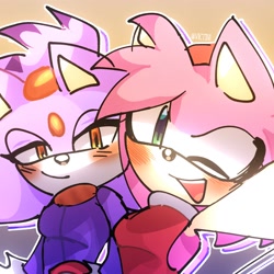 Size: 1280x1280 | Tagged: safe, artist:sonicfan016073, amy rose, blaze the cat, cat, hedgehog, 2023, amy x blaze, amy's halterneck dress, blaze's tailcoat, blushing, cute, female, females only, lesbian, looking at viewer, selfie, shipping