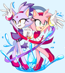 Size: 1782x2002 | Tagged: safe, artist:nuinu_17, amy rose, blaze the cat, cat, hedgehog, 2023, amy x blaze, cute, female, females only, holding hands, lesbian, mario & sonic at the olympic games, shipping, swimsuit, water