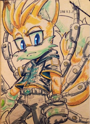 Size: 1392x1921 | Tagged: safe, artist:0law, miles "tails" prower, nine, fox, sonic prime, clothes, frown, looking at viewer, male, signature, solo, traditional media