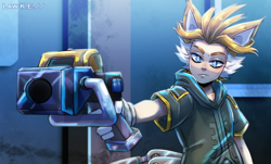 Size: 1600x969 | Tagged: safe, artist:0law, miles "tails" prower, nine, human, sonic prime, abstract background, frown, gun, holding something, humanized, looking ahead, male, solo, standing