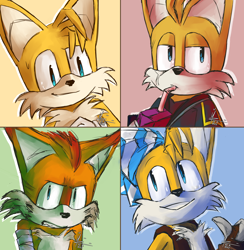 Size: 2048x2101 | Tagged: safe, artist:brainworms-all-night-long, mangey, miles "tails" prower, nine, sails, fox, sonic prime, drinking, frown, juice box, male, panels, simple background, smile