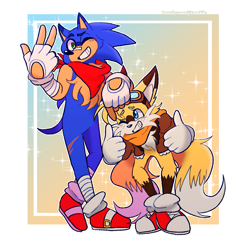 Size: 1275x1321 | Tagged: safe, artist:lunalycana, miles "tails" prower, sonic the hedgehog, fox, hedgehog, abstract background, aviator jacket, backwards v sign, bandaid, bandaid over nose, bandana, chest fluff, double thumbs up, duo, fingerless gloves, goggles, leaning on them, male, males only, one eye closed, scar, scarf, smile, sparkles, standing, wink