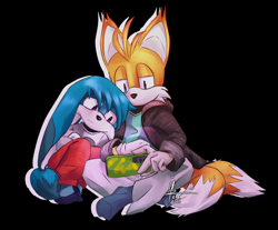 Size: 2048x1698 | Tagged: safe, artist:brainworms-all-night-long, kit the fennec, miles "tails" prower, nine, fox, sonic prime, alternate outfit, black background, clothes, duo, fennec, gay, holding something, kitails, legs crossed, lidded eyes, looking at something, male, males only, phone, shipping, signature, simple background, sitting, smile