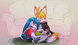 Size: 2048x1199 | Tagged: safe, artist:brainworms-all-night-long, kit the fennec, miles "tails" prower, nine, fox, sonic prime, abstract background, alternate outfit, alternate version, clothes, couch, duo, fennec, gay, holding something, indoors, kitails, legs crossed, lidded eyes, looking at something, male, males only, phone, rug, shipping, signature, sitting, smile