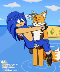 Size: 2048x2458 | Tagged: safe, artist:moontigerange1, miles "tails" prower, sails, sonic the hedgehog, fox, hedgehog, sonic prime, blushing, carrying them, duo, gay, island, lidded eyes, looking at each other, ocean, shipping, smile, sonails, sonic x tails, standing, sweatdrop