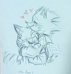 Size: 1018x1055 | Tagged: safe, artist:clearmoonbasement, miles "tails" prower, sonic the hedgehog, fox, hedgehog, blushing, clothes, cute, duo, eyes closed, gay, heart, hugging, one fang, shipping, signature, smile, sonabetes, sonic x tails, standing, tailabetes, traditional media, wagging tail