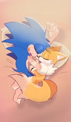 Size: 557x960 | Tagged: safe, artist:giaoux, miles "tails" prower, sonic the hedgehog, fox, hedgehog, 2023, abstract background, bandaid, bed, duo, gay, indoors, lying on side, male, males only, mouth open, pillow, shipping, signature, sleeping, sonic x tails