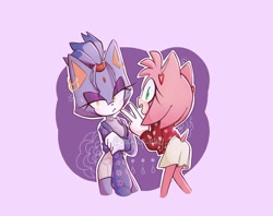 Size: 2016x1596 | Tagged: safe, artist:mickey_ickyy, amy rose, blaze the cat, cat, hedgehog, 2023, amy x blaze, cute, earring, female, females only, lesbian, looking at viewer, looking back at viewer, peace sign, shipping