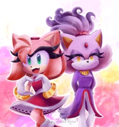 Size: 1122x1200 | Tagged: safe, artist:artsyannierose, amy rose, blaze the cat, cat, hedgehog, 2023, amy x blaze, amy's halterneck dress, blaze's tailcoat, female, females only, hands behind back, heart hands, lesbian, looking at viewer, mouth open, shipping