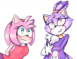 Size: 1476x1120 | Tagged: safe, artist:peannutbun, amy rose, blaze the cat, cat, hedgehog, 2023, amy's halterneck dress, blaze's tailcoat, blushing, cute, female, females only, hands behind back, looking at something