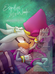 Size: 1500x2000 | Tagged: safe, artist:espilver-week, espio the chameleon, silver the hedgehog, 2023, abstract background, cute, duo, english text, espibetes, eyes closed, gay, holding each other, shipping, silvabetes, silvio, smile