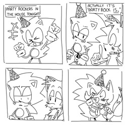 Size: 827x819 | Tagged: safe, artist:sontaiis, miles "tails" prower, sonic the hedgehog, black and white, blushing, classic sonic, classic tails, comic, cute, dialogue, duo, english text, gay, holding each other, kiss, looking at each other, party, party hat, saliva, shipping, simple background, sonabetes, sonic x tails, speech bubble, standing, tailabetes, white background