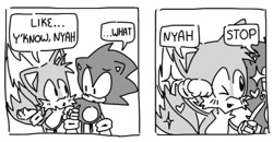 Size: 799x416 | Tagged: safe, artist:sontaiis, miles "tails" prower, sonic the hedgehog, blushing, classic sonic, classic tails, cute, dialogue, duo, english text, gay, greyscale, holding another's arm, looking at each other, nya, one eye closed, panels, shipping, simple background, sonabetes, sonic x tails, sparkles, speech bubble, standing, tailabetes, white background