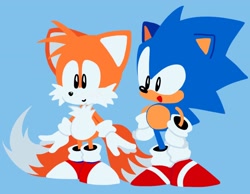 Size: 2048x1590 | Tagged: safe, artist:sontaiis, miles "tails" prower, sonic the hedgehog, blue background, classic sonic, classic tails, cute, duo, looking offscreen, mouth open, no outlines, simple background, smile, sonabetes, standing, tailabetes