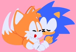 Size: 2048x1412 | Tagged: safe, artist:sontaiis, miles "tails" prower, sonic the hedgehog, blushing, classic sonic, classic tails, cute, duo, eyes closed, gay, holding hands, kiss on cheek, no outlines, pink background, shipping, simple background, sonabetes, sonic x tails, tailabetes