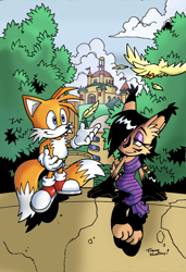 Size: 750x1096 | Tagged: safe, artist:my-face-is-tired, artist:tracy yardley, miles "tails" prower, nicole the hololynx, age difference, shipping, straight, tailicole