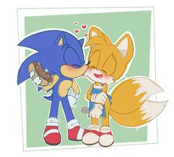 Size: 1967x1782 | Tagged: safe, artist:gacha-every, artist:lemonpickl, miles "tails" prower, sonic the hedgehog, apron, blushing, chili dog, color edit, cute, duo, edit, eyes closed, fork, gay, hand on own arm, heart, holding something, kiss on cheek, mouth open, one fang, outline, shipping, smile, sonic x tails, standing, tailabetes