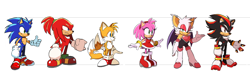 Size: 1710x531 | Tagged: safe, artist:deimostes, editor:deimostes, amy rose, knuckles the echidna, miles "tails" prower, rouge the bat, shadow the hedgehog, sonic the hedgehog, claws, edit, female, fingerless gloves, group, male, simple background, standing, team sonic racing overdrive, top surgery scars, trans male, transgender, white background