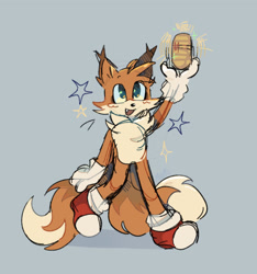Size: 1607x1718 | Tagged: safe, artist:marunic, miles "tails" prower, blushing, bomb, cute, grey background, holding something, mouth open, napalm bomb, one fang, redraw, simple background, smile, solo, sparkles, star (symbol), tails adventure
