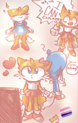 Size: 995x1560 | Tagged: safe, artist:callme-aprilroseisha04, miles "tails" prower, :>, book, bow, cute, dialogue, dress, duo, english text, genderfluid, heart, question mark, skirt, smile, solo focus, standing, tailabetes