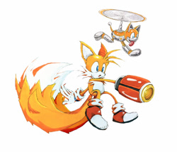 Size: 946x813 | Tagged: safe, artist:redezrookie, miles "tails" prower, t-pup, sonic battle, :o, arm buster, duo, looking offscreen, mouth open, propeller, robot, simple background, tongue out, traditional media, white background