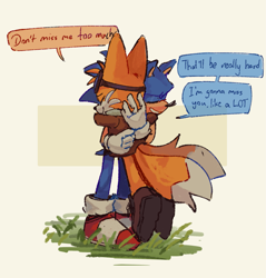 Size: 1955x2048 | Tagged: safe, artist:clumxy, miles "tails" prower, sonic the hedgehog, abstract background, aviator jacket, brown shoes, dialogue, duo, english text, eyes closed, gay, goggles, grass, hugging, shipping, smile, sonic x tails, standing