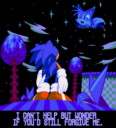 Size: 519x572 | Tagged: safe, artist:tuna-cereal-box, miles "tails" prower, sonic the hedgehog, abstract background, crying, dialogue, duo, english text, ghost, grass, implied death, looking up, nighttime, outdoors, smile, sonic the hedgehog 2 (8bit), standing, star (sky), tears, tree