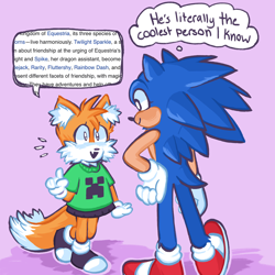 Size: 1294x1294 | Tagged: safe, artist:t4tails, miles "tails" prower, sonic the hedgehog, black shoes, creeper (minecraft), crossover, dialogue, duo, english text, eyelashes, google, looking at each other, minecraft, my little pony, purple background, simple background, skirt, speech bubble, standing, sweater
