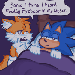 Size: 1437x1437 | Tagged: safe, artist:t4tails, miles "tails" prower, sonic the hedgehog, :|, bed, bedroom, crossover, crying, duo, ear fluff, fangs, five nights at freddy's, floppy ears, indoors, lidded eyes, looking at them, mouth open, standing, tears of fear