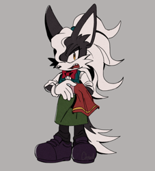 Size: 1313x1448 | Tagged: safe, artist:cloudvampire, infinite the jackal, the murder of sonic the hedgehog, annoyed, cloth, grey background, hair over one eye, lidded eyes, looking at viewer, male, mouth open, simple background, solo, standing, tmosth style